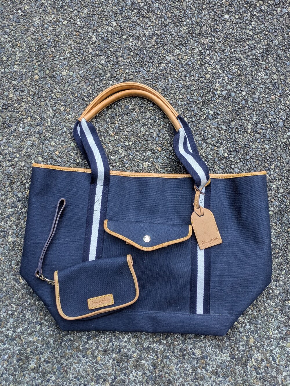 Dooney & Bourke Navy Stripe Canvas Leather Tote and Wristlet